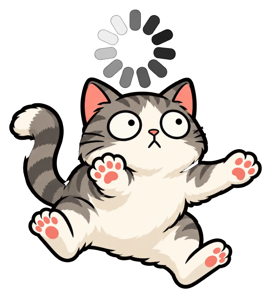 Cat Pending, a wide-eyed tabby cat frozen mid-leap with all four paws out, a loading spinner hovering above his head
