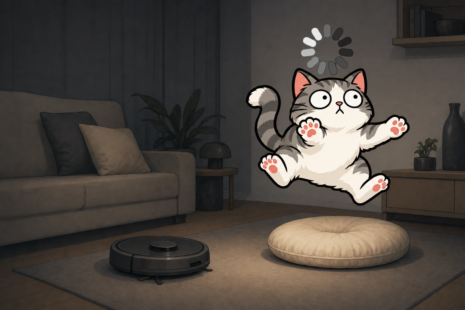 Cat Pending suspended mid-leap above a floor cushion in a dim living room, sofa behind him and a robot vacuum on the rug